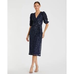 Mac Duggal 5578 size 20Navy Blue Sequin Wrap‎ V Neck Puff Sleeve Midi Dress